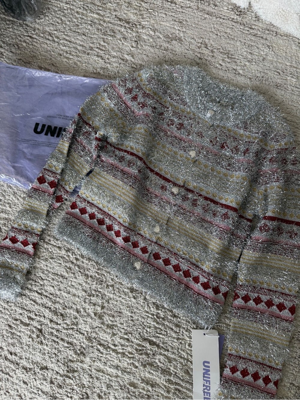 Metallic Striped Cropped Cardigan in Red, Silver & Cream